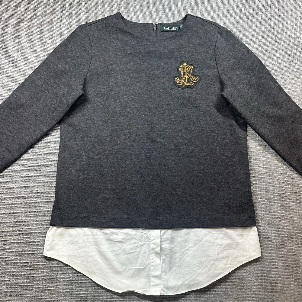 Lauren Ralph Lauren Gray Twofer Blouse Size S Monogram Logo RL
